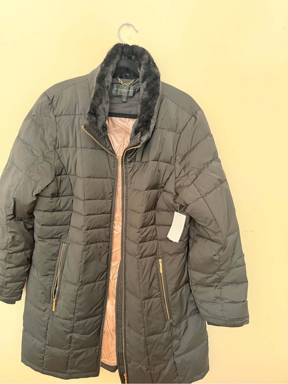 Donna Karan Dark Olive Quilted Puffer Coat with Faux Fur Collar